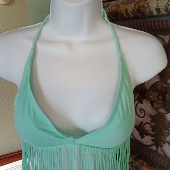 Fringed damsel triangle green bikini top Sz S - Picture 3 of 8